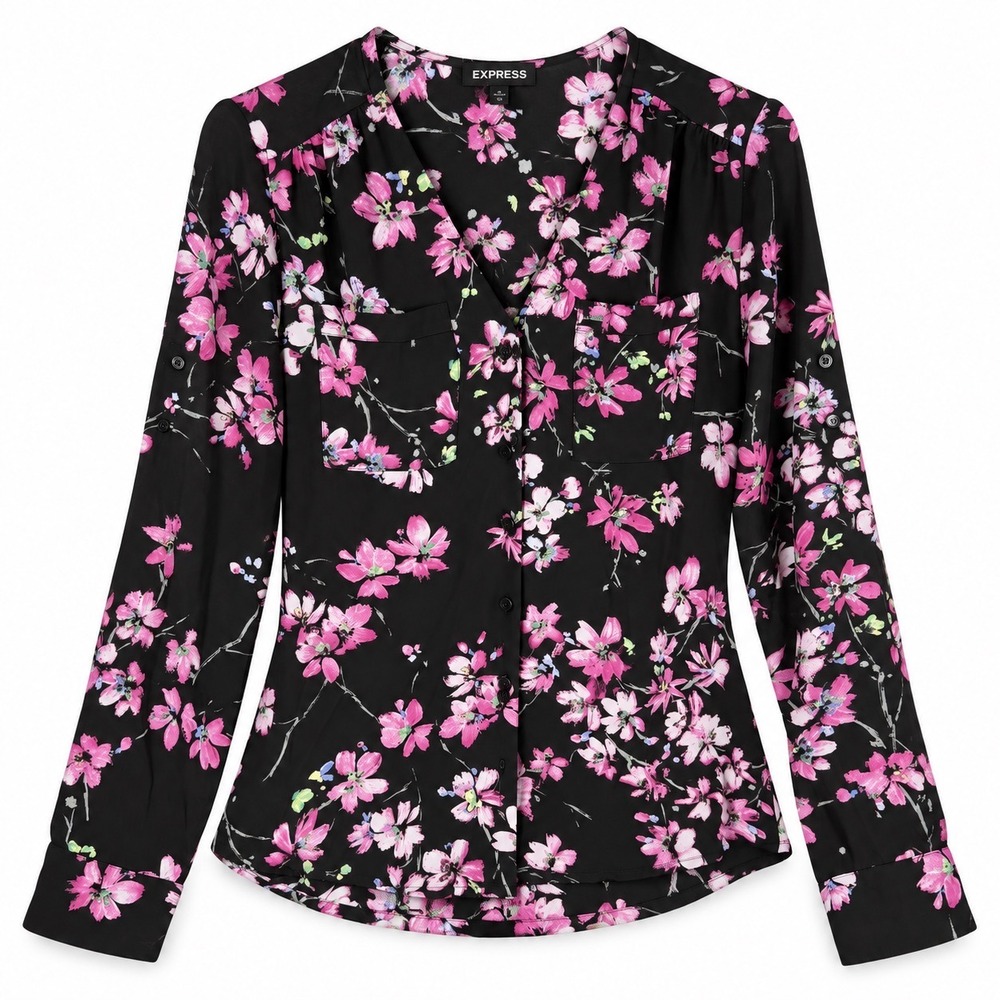 Express Portofino Shirt Womens XS Black Pink Floral Roll Tab Sleeve Button Down